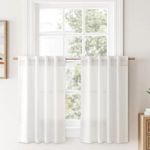 MIULEE Faux Linen Curtains 84 Inch Length 2 Panels Natural Burnt Orange Semi Sheer Curtain with Back Tab Rod Pocket, Light Filtering Window Privacy Burlap Drapes for Living Room Bedroom 42W x 84L(Heathered White)