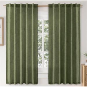 MIULEE Faux Linen Curtains 84 Inch Length 2 Panels Natural Burnt Orange Semi Sheer Curtain with Back Tab Rod Pocket, Light Filtering Window Privacy Burlap Drapes for Living Room Bedroom 42W x 84L(Olive Green)