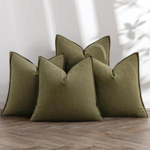 MIULEE Green and White Pillow Covers Pack of 4 Christmas Decorative Natural Solid Throw Pillow Covers Soft Accent Boho Farmhouse Couch Pillowcases Modern Decor for Living Room Bed Sofa 18×18 Inch(Olive Green)