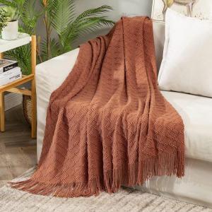MIULEE Knitted Throw Blanket for Couch Textured Orange Knit Blanket with Tassels Cozy Woven Boho Caramel Fall Autumn Bed Blanket for Sofa Bed Chair Diamond Pattern 50×60 Inches