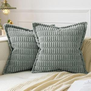 MIULEE Light Grey Corduroy Decorative Throw Pillow Covers Pack of 2 Soft Striped Pillows Pillowcases with Broad Edge Winter Modern Boho Home Decor for Couch Sofa Bed 18×18 Inch(Greyish Green)