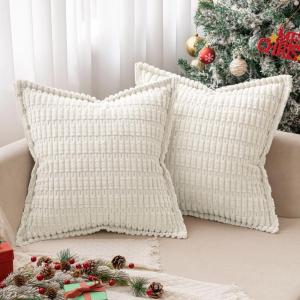 MIULEE Light Grey Corduroy Decorative Throw Pillow Covers Pack of 2 Soft Striped Pillows Pillowcases with Broad Edge Winter Modern Boho Home Decor for Couch Sofa Bed 18×18 Inch(Pure White)