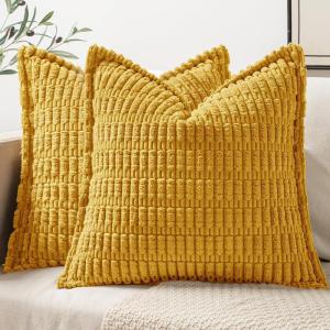MIULEE Light Grey Corduroy Decorative Throw Pillow Covers Pack of 2 Soft Striped Pillows Pillowcases with Broad Edge Winter Modern Boho Home Decor for Couch Sofa Bed 18×18 Inch(Mustard Yellow)