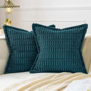 MIULEE Light Grey Corduroy Decorative Throw Pillow Covers Pack of 2 Soft Striped Pillows Pillowcases with Broad Edge Winter Modern Boho Home Decor for Couch Sofa Bed 18×18 Inch(Teal)