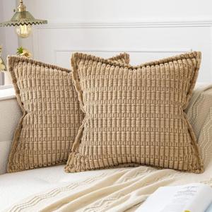 MIULEE Light Grey Corduroy Decorative Throw Pillow Covers Pack of 2 Soft Striped Pillows Pillowcases with Broad Edge Winter Modern Boho Home Decor for Couch Sofa Bed 18×18 Inch(Khaki)