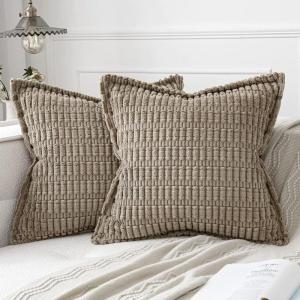MIULEE Light Grey Corduroy Decorative Throw Pillow Covers Pack of 2 Soft Striped Pillows Pillowcases with Broad Edge Winter Modern Boho Home Decor for Couch Sofa Bed 18×18 Inch(Light Brown)