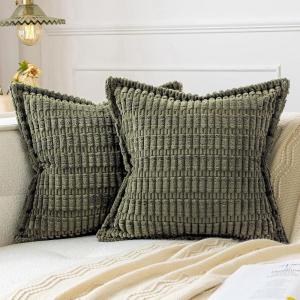 MIULEE Light Grey Corduroy Decorative Throw Pillow Covers Pack of 2 Soft Striped Pillows Pillowcases with Broad Edge Winter Modern Boho Home Decor for Couch Sofa Bed 18×18 Inch(Olive Green)