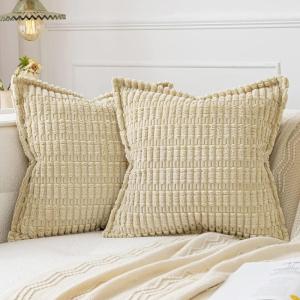 MIULEE Light Grey Corduroy Decorative Throw Pillow Covers Pack of 2 Soft Striped Pillows Pillowcases with Broad Edge Winter Modern Boho Home Decor for Couch Sofa Bed 18×18 Inch(Beige)