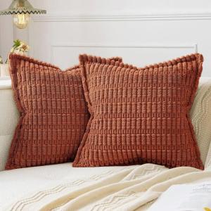 MIULEE Light Grey Corduroy Decorative Throw Pillow Covers Pack of 2 Soft Striped Pillows Pillowcases with Broad Edge Winter Modern Boho Home Decor for Couch Sofa Bed 18×18 Inch(Rust)