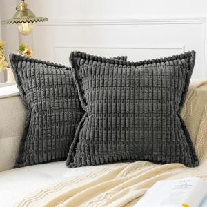 MIULEE Light Grey Corduroy Decorative Throw Pillow Covers Pack of 2 Soft Striped Pillows Pillowcases with Broad Edge Winter Modern Boho Home Decor for Couch Sofa Bed 18×18 Inch(Dark Grey)