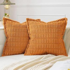 MIULEE Light Grey Corduroy Decorative Throw Pillow Covers Pack of 2 Soft Striped Pillows Pillowcases with Broad Edge Winter Modern Boho Home Decor for Couch Sofa Bed 18×18 Inch(Burnt Orange)