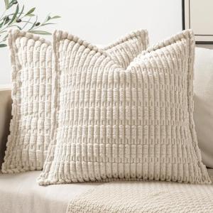 MIULEE Light Grey Corduroy Decorative Throw Pillow Covers Pack of 2 Soft Striped Pillows Pillowcases with Broad Edge Winter Modern Boho Home Decor for Couch Sofa Bed 18×18 Inch(Cream White)