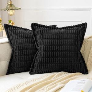 MIULEE Light Grey Corduroy Decorative Throw Pillow Covers Pack of 2 Soft Striped Pillows Pillowcases with Broad Edge Winter Modern Boho Home Decor for Couch Sofa Bed 18×18 Inch(Black)