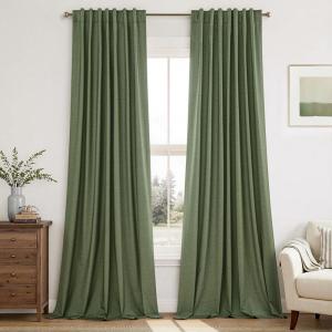 MIULEE Linen 100% Blackout Curtains 90 Inch Long 2 Panels, Back Tab Pleated Hook Belt Clip Rings Thermal Insulated Drapes for Bedroom Living Room Ivory Natural Farmhouse Black Out Window Curtains(Olive Green)
