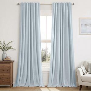 MIULEE Linen 100% Blackout Curtains 90 Inch Long 2 Panels, Back Tab Pleated Hook Belt Clip Rings Thermal Insulated Drapes for Bedroom Living Room Ivory Natural Farmhouse Black Out Window Curtains(Light Blue)