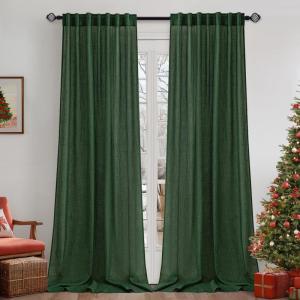 MIULEE Linen Curtains 96 Inch Length for Living Room 2 Panels, Hunter Green Back Tab Pocket Light Filtering Semi Sheer Soft Linen Emerald Dark Green Christmas Drapes Farmhouse Boho Curtain for Bedroom(Hunter Green)