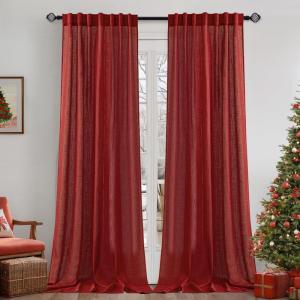 MIULEE Linen Curtains 96 Inch Length for Living Room 2 Panels, Hunter Green Back Tab Pocket Light Filtering Semi Sheer Soft Linen Emerald Dark Green Christmas Drapes Farmhouse Boho Curtain for Bedroom(Red)