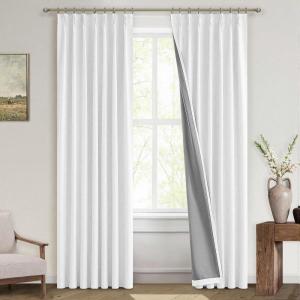 MIULEE Linen Pinch Pleated 100% Blackout Curtains for Bedroom 105 Inch Long 3 Panels Set- Back Tab Track Beige Thermal Insulated Cream Black Out Triple Pleat Room Darkening Drapes with Hooks, Greige(White)