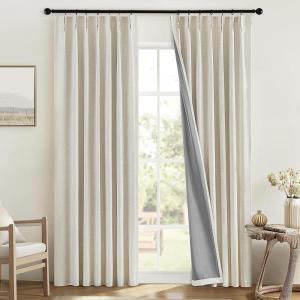 MIULEE Linen Pinch Pleated 100% Blackout Curtains for Bedroom 105 Inch Long 3 Panels Set- Back Tab Track Beige Thermal Insulated Cream Black Out Triple Pleat Room Darkening Drapes with Hooks, Greige(Natural)