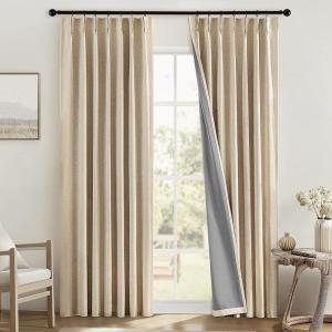 MIULEE Linen Pinch Pleated 100% Blackout Curtains for Bedroom 105 Inch Long 3 Panels Set- Back Tab Track Beige Thermal Insulated Cream Black Out Triple Pleat Room Darkening Drapes with Hooks, Greige(Oatmeal)