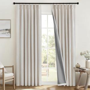 MIULEE Linen Pinch Pleated 100% Blackout Curtains for Bedroom 105 Inch Long 3 Panels Set- Back Tab Track Beige Thermal Insulated Cream Black Out Triple Pleat Room Darkening Drapes with Hooks, Greige(Greige)