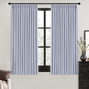 MIULEE Natural Pinch Pleated 100% Blackout Linen Curtains 96 Inch Length 2 Panels Set, Black Out Memory Trained Pleat Curtains Light Blocking Room Darkening Drapes for Bedroom Living Room Window(Chambray Blue)