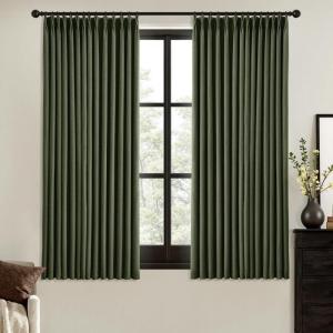 MIULEE Natural Pinch Pleated 100% Blackout Linen Curtains 96 Inch Length 2 Panels Set, Black Out Memory Trained Pleat Curtains Light Blocking Room Darkening Drapes for Bedroom Living Room Window(Loden)