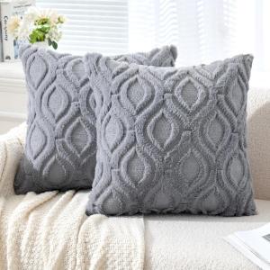 MIULEE Navy Blue Throw Pillow Covers 20×20 Inch, Soft Winter Plush Faux Wool Couch Pillow Covers Set of 2 Decorative Farmhouse Boho Throw Pillows for Sofa Living Room Bed(Grey Blue)