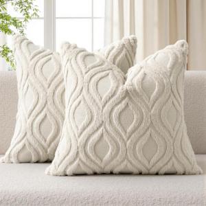 MIULEE Navy Blue Throw Pillow Covers 20×20 Inch, Soft Winter Plush Faux Wool Couch Pillow Covers Set of 2 Decorative Farmhouse Boho Throw Pillows for Sofa Living Room Bed(Beige)