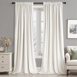 MIULEE Olive Green Velvet Curtains Thermal Insulated Blackout Curtain Drapes for Bedroom Living Room Darkening 84 Inches Long Curtains Panels Rod Pocket Set of 2(Ivory)