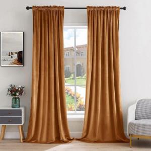 MIULEE Olive Green Velvet Curtains Thermal Insulated Blackout Curtain Drapes for Bedroom Living Room Darkening 84 Inches Long Curtains Panels Rod Pocket Set of 2(Gold Brown)