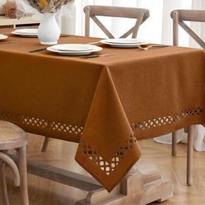 MIULEE Orange Thick Polyester Linen Rectangle Tablecloth with Decorative Cutouts Waterproof Stain Resistant Table Cloth Spring Boho Fall Table Cover for Dining Party Wedding, 70 x 52 inch(Brown)