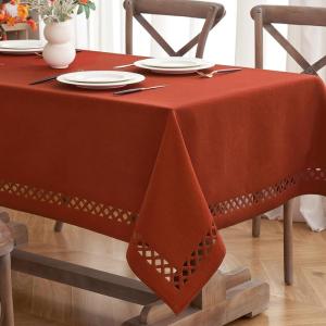 MIULEE Orange Thick Polyester Linen Rectangle Tablecloth with Decorative Cutouts Waterproof Stain Resistant Table Cloth Spring Boho Fall Table Cover for Dining Party Wedding, 70 x 52 inch(Terracotta)