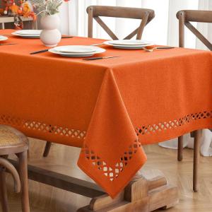 MIULEE Orange Thick Polyester Linen Rectangle Tablecloth with Decorative Cutouts Waterproof Stain Resistant Table Cloth Spring Boho Fall Table Cover for Dining Party Wedding, 70 x 52 inch(Burnt Orange)