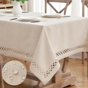 MIULEE Orange Thick Polyester Linen Rectangle Tablecloth with Decorative Cutouts Waterproof Stain Resistant Table Cloth Spring Boho Fall Table Cover for Dining Party Wedding, 70 x 52 inch(Natural)