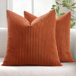 MIULEE Pack of 2 Burnt Orange Pillow Covers 18×18 Inch Soft Boho Striped Corduroy Throw Pillow Covers Set Decorative Square Cushion Cases Pillowcases for Sofa Bedroom Couch(Rust)