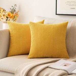 MIULEE Pack of 2 Burnt Orange Pillow Covers 18×18 Inch Soft Boho Striped Corduroy Throw Pillow Covers Set Decorative Square Cushion Cases Pillowcases for Sofa Bedroom Couch(Mustard Yellow)