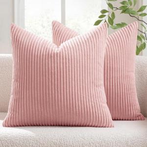 MIULEE Pack of 2 Burnt Orange Pillow Covers 18×18 Inch Soft Boho Striped Corduroy Throw Pillow Covers Set Decorative Square Cushion Cases Pillowcases for Sofa Bedroom Couch(Pink)