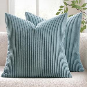 MIULEE Pack of 2 Burnt Orange Pillow Covers 18×18 Inch Soft Boho Striped Corduroy Throw Pillow Covers Set Decorative Square Cushion Cases Pillowcases for Sofa Bedroom Couch(Smoky Blue)