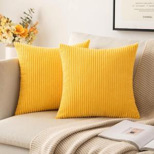 MIULEE Pack of 2 Burnt Orange Pillow Covers 18×18 Inch Soft Boho Striped Corduroy Throw Pillow Covers Set Decorative Square Cushion Cases Pillowcases for Sofa Bedroom Couch(Golden Yellow)