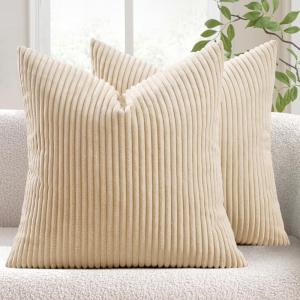 MIULEE Pack of 2 Burnt Orange Pillow Covers 18×18 Inch Soft Boho Striped Corduroy Throw Pillow Covers Set Decorative Square Cushion Cases Pillowcases for Sofa Bedroom Couch(Beige)