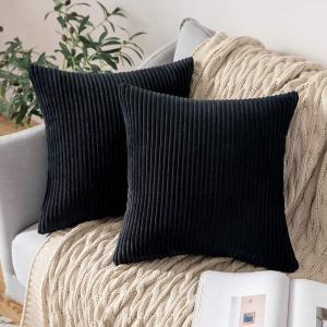 MIULEE Pack of 2 Burnt Orange Pillow Covers 18×18 Inch Soft Boho Striped Corduroy Throw Pillow Covers Set Decorative Square Cushion Cases Pillowcases for Sofa Bedroom Couch(Black)