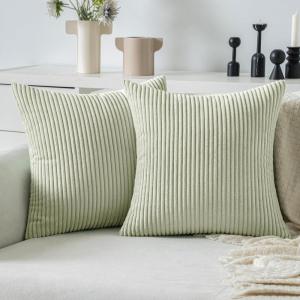 MIULEE Pack of 2 Burnt Orange Pillow Covers 18×18 Inch Soft Boho Striped Corduroy Throw Pillow Covers Set Decorative Square Cushion Cases Pillowcases for Sofa Bedroom Couch(Light Green)