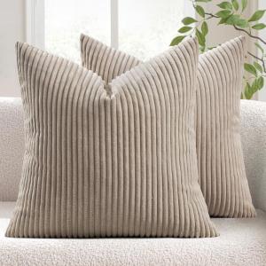 MIULEE Pack of 2 Burnt Orange Pillow Covers 18×18 Inch Soft Boho Striped Corduroy Throw Pillow Covers Set Decorative Square Cushion Cases Pillowcases for Sofa Bedroom Couch(Light Brown)