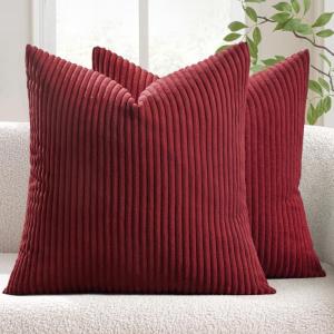 MIULEE Pack of 2 Burnt Orange Pillow Covers 18×18 Inch Soft Boho Striped Corduroy Throw Pillow Covers Set Decorative Square Cushion Cases Pillowcases for Sofa Bedroom Couch(Burgundy)