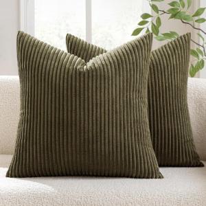 MIULEE Pack of 2 Burnt Orange Pillow Covers 18×18 Inch Soft Boho Striped Corduroy Throw Pillow Covers Set Decorative Square Cushion Cases Pillowcases for Sofa Bedroom Couch(Olive Green)
