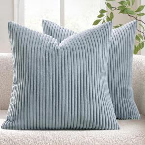 MIULEE Pack of 2 Burnt Orange Pillow Covers 18×18 Inch Soft Boho Striped Corduroy Throw Pillow Covers Set Decorative Square Cushion Cases Pillowcases for Sofa Bedroom Couch(Dusty Blue)