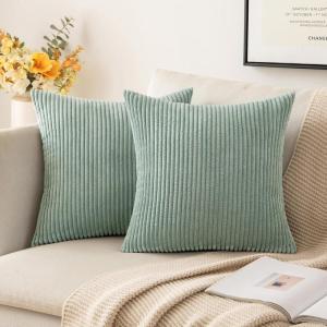 MIULEE Pack of 2 Burnt Orange Pillow Covers 18×18 Inch Soft Boho Striped Corduroy Throw Pillow Covers Set Decorative Square Cushion Cases Pillowcases for Sofa Bedroom Couch(Greyish Green)