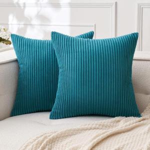 MIULEE Pack of 2 Burnt Orange Pillow Covers 18×18 Inch Soft Boho Striped Corduroy Throw Pillow Covers Set Decorative Square Cushion Cases Pillowcases for Sofa Bedroom Couch(Teal)