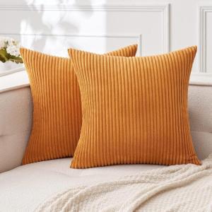 MIULEE Pack of 2 Burnt Orange Pillow Covers 18×18 Inch Soft Boho Striped Corduroy Throw Pillow Covers Set Decorative Square Cushion Cases Pillowcases for Sofa Bedroom Couch(Burnt Orange)